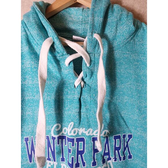 WINTER PARK COLORADO Turquoise Blue Active Thick Tie Pullover Hoodie SZ L - Picture 5 of 10
